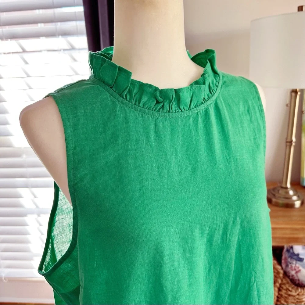 NWT J.Crew Fleur Green 100% Linen Ruffle Tank Top L